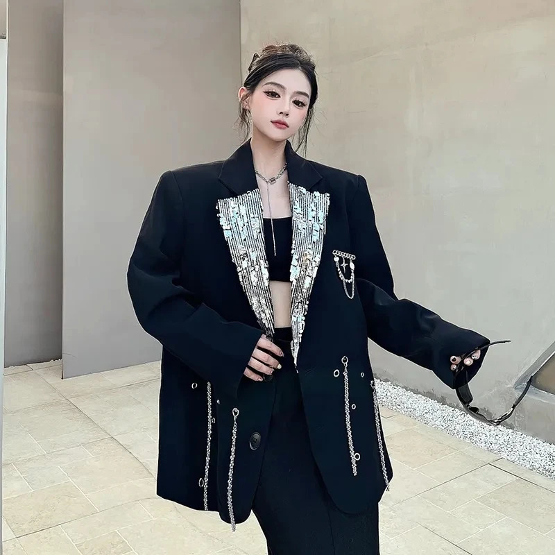 Metal chain heavy industry Suit Jacket for Womens Spring Autumn style Loose Silhouette Shoulder pad patchwork Sequin Blazer 241112