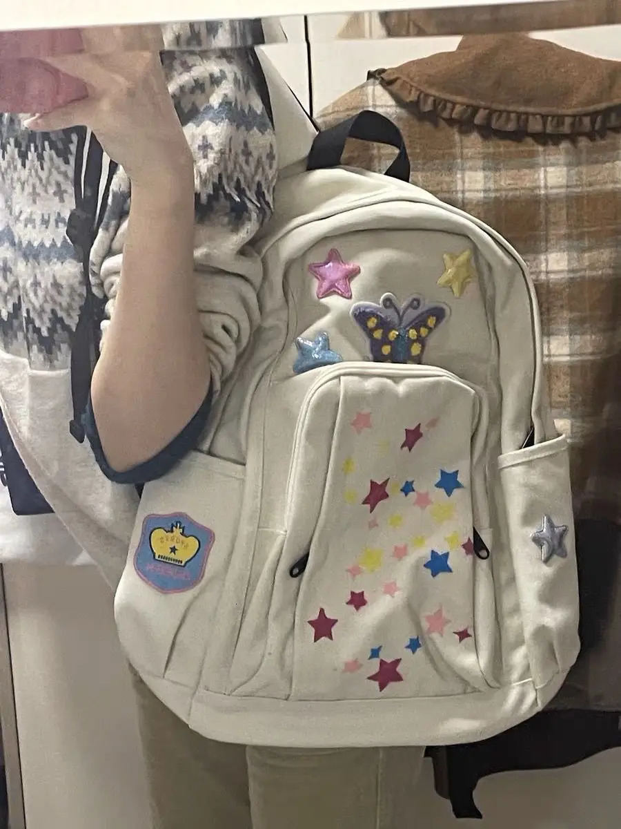 JIAERDI Butterfly Embroidery Y2k Backpack Womens Retro Star Large Capacity Leisure School Bag Womens Harajuku Cute Mochila 241111