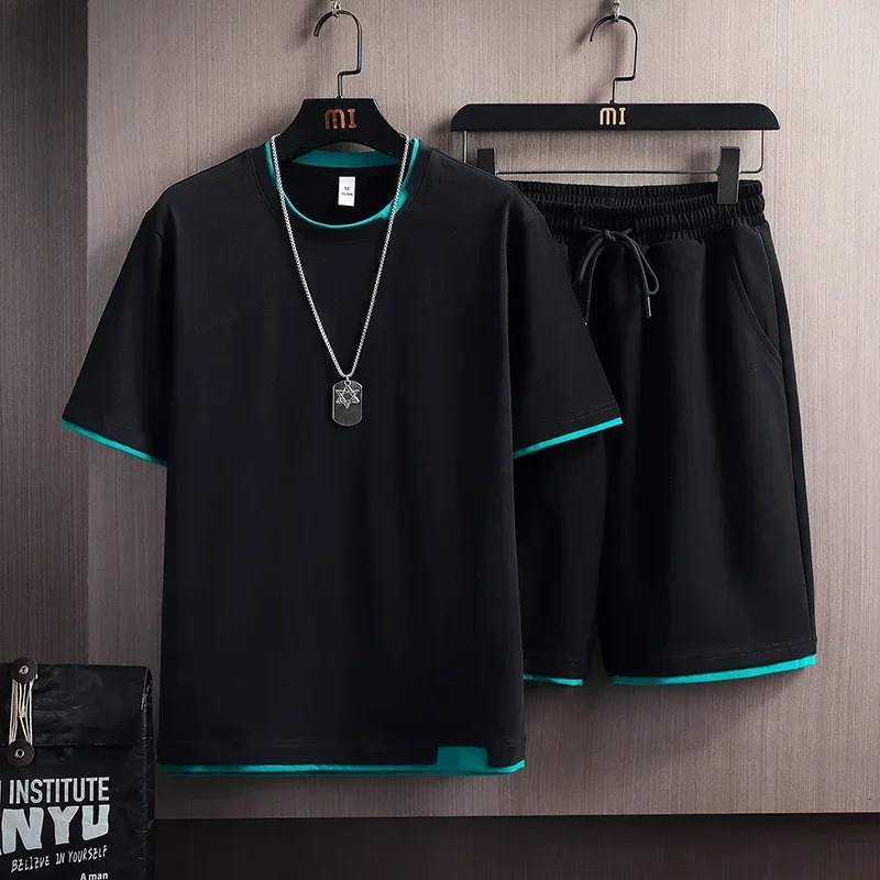 2024 Men Clothes Casual Summer Set Short Sleeve Fakte Two Piece Tshirt Shorts 2 Piece Set Male Sports Suit Harajuku Sports Set 240412