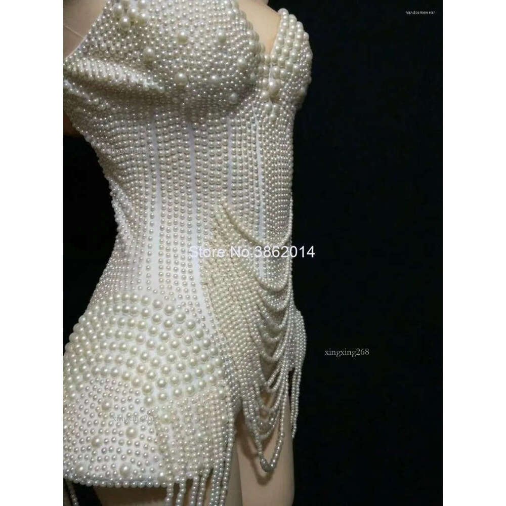 Stage Wear White Pearls Beading Bodysuit Jazz Dance Costume Evening Nightclub Bar Show Prom Birthday Outfit Women Clothes