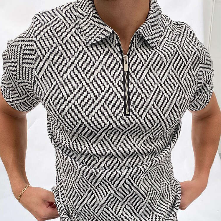 2024 Summer Black Plaid polo shirt for men's casual oversized short sleeved top