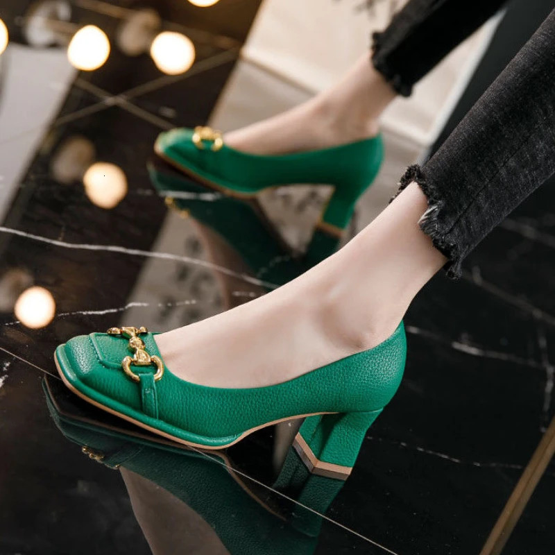 Womens Mid-heel 5.5CM Summer French Style Back Empty Female Thick Heel Square Toe Mary Jane Shoes Black Green Talon Femme 241112