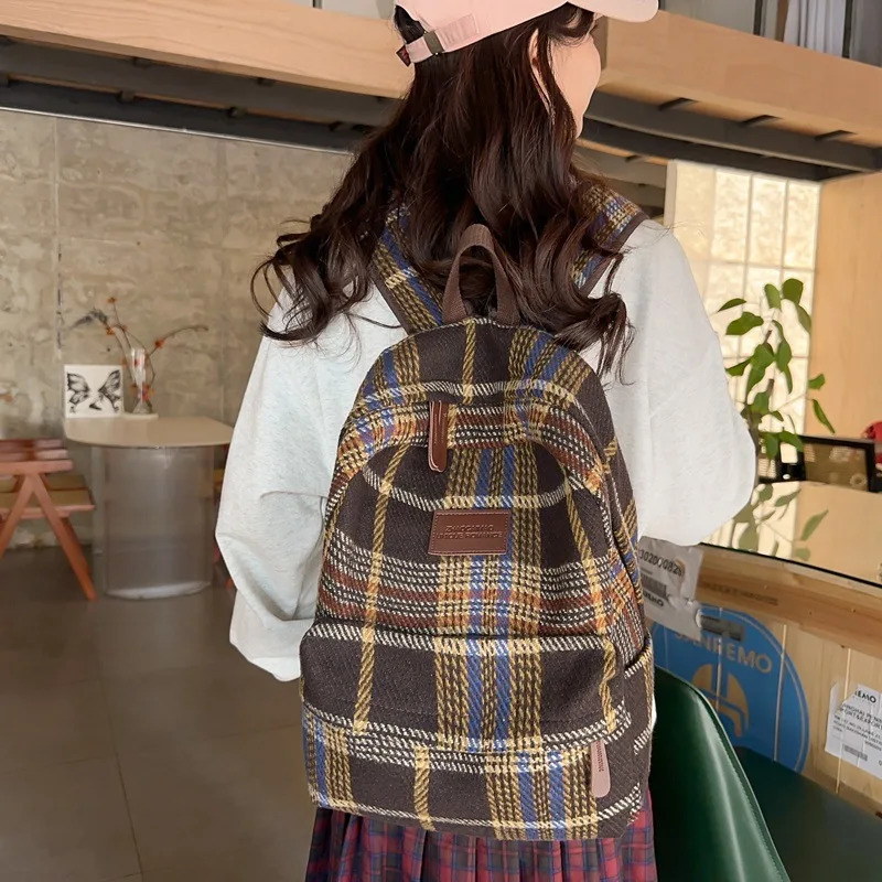 Lattice Vintage Couple Canvas Bag South Korean Harajuku Large Capacity School Backpack Unisex Plaid Ins 241111