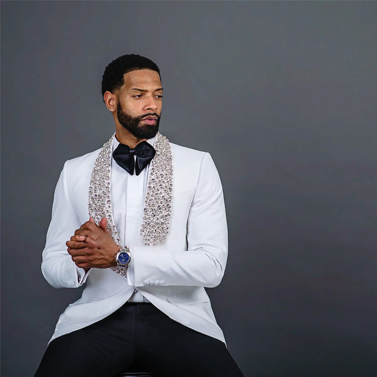 Modern Men's Blazer Wedding Tuxedos Shawl Lapel Single Breasted Rhinestone Ceremony Formal Groom Wear Party Birthday Pants Suits 2 Pieces Custom 