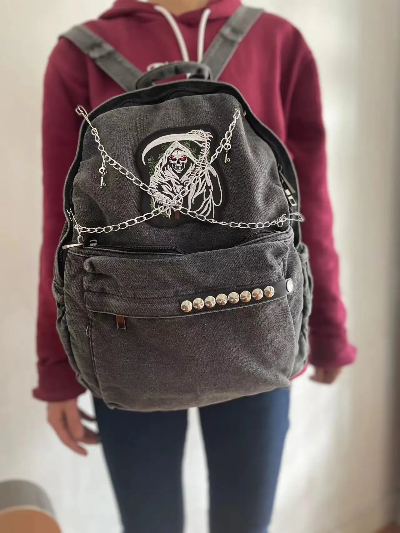 Womens Y2K denim backpack Harajuku large capacity student backpack youth punk backpack travel retro backpack 241111