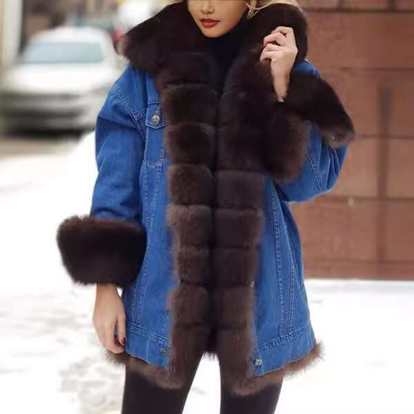 shanshi fur coat women Women's fur integrated denim long sleeved jacket