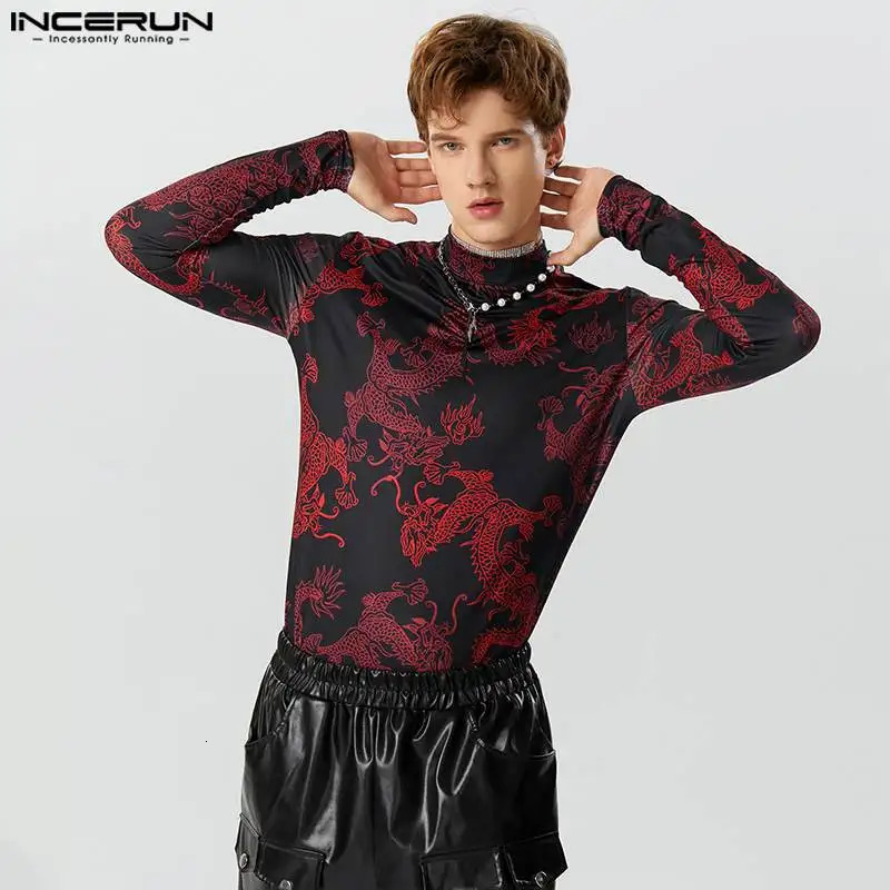 Mens Retro Printed Turtle Neck Long Sleeve Casual Camisetas Street Fitness Autumn Underwear S-5XL INCERUN 241112
