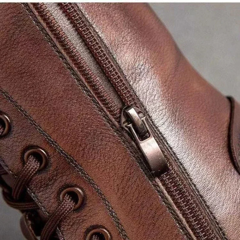 Winter Leather Women Boots Round Toe Mid-heel Ankle Boots for Women Lace Up Warm Snow Boots Retro Lady Platform Bikerboots Women 241112