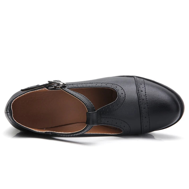 EOFK Women Pumps Shoes T Strape High Heels Brogue High Square Heel Genuine Leather Wedge Shoes Richelieu Woman Ladies 241112