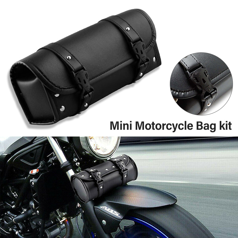 Universal Motorcycle Bag Waterproof Leather Front Fork Handlebar Toolkit Vintage Tool Roll Storage Barrel Cruiser Saddlebag
