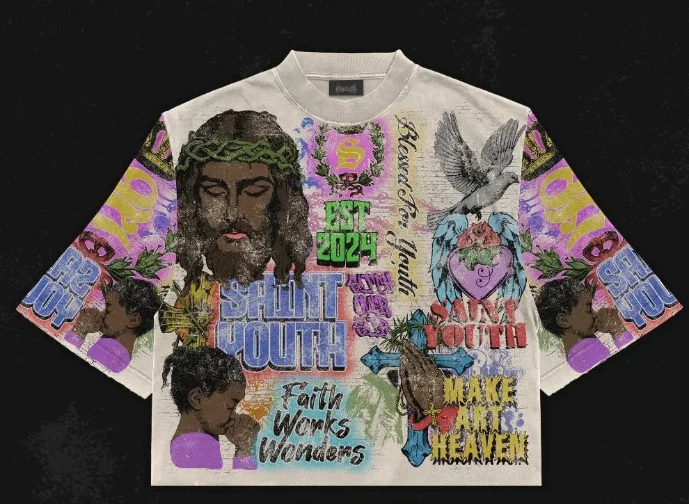Street Clothing Y2k Hip Hop Retro Graffiti Pattern Printed Oversized Mid Sleeve Mens Round Neck Cotton Shirt 241112