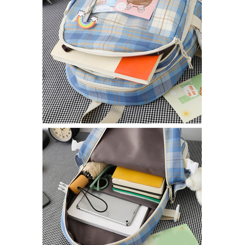 Plaid Backpack School 5Pcs ddmysmile Bookbags Handbag Shoulder Drawstring Bag Ddmysmile Pencil For C Smile