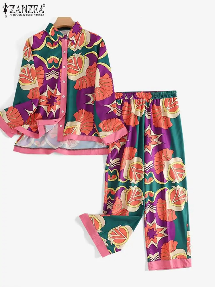 ZANZEA Women Printed Long Sleeve Blouse and Loose Pants Casual Outfits Loose Streetwear Loungewear Oversized Set Tracksuits 240329