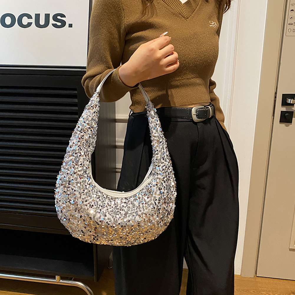 Women Vintage Shoulder Bag 2023 Sparkly Sequin Dinner Bag Ladies Lightweight Party Evening Bag Zipper Closure Solid Underarm Bag