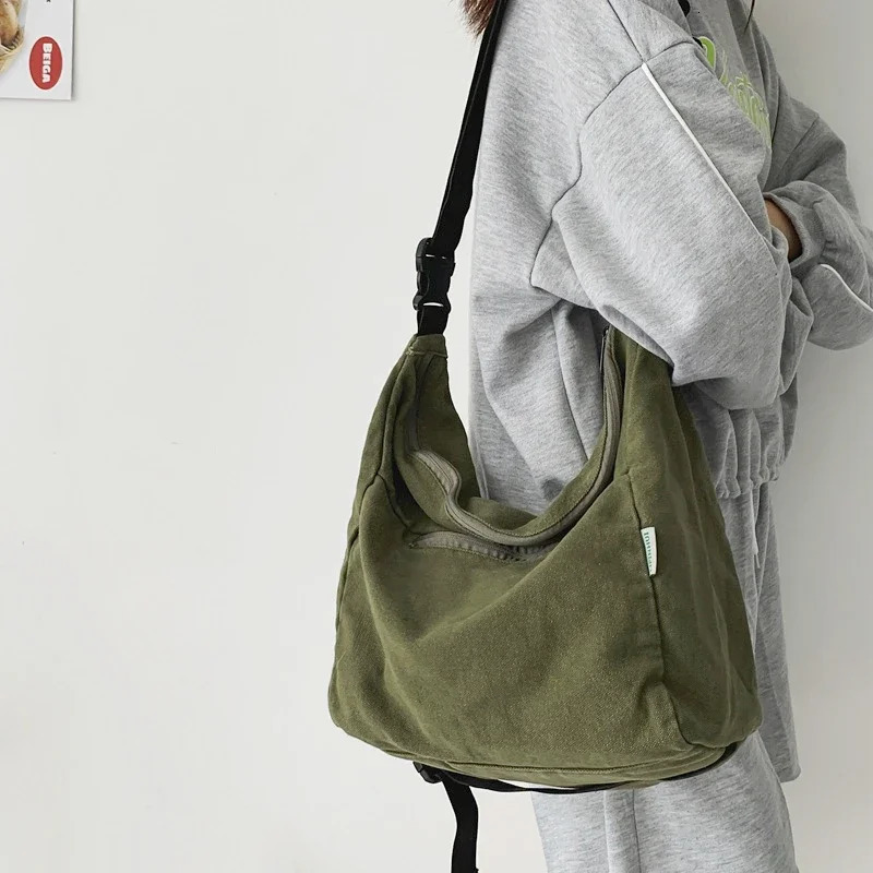 Large capacity womens canvas textile homeless lazy shoulder bag student aesthetics Y2K Grunge school laptop side bag 241111