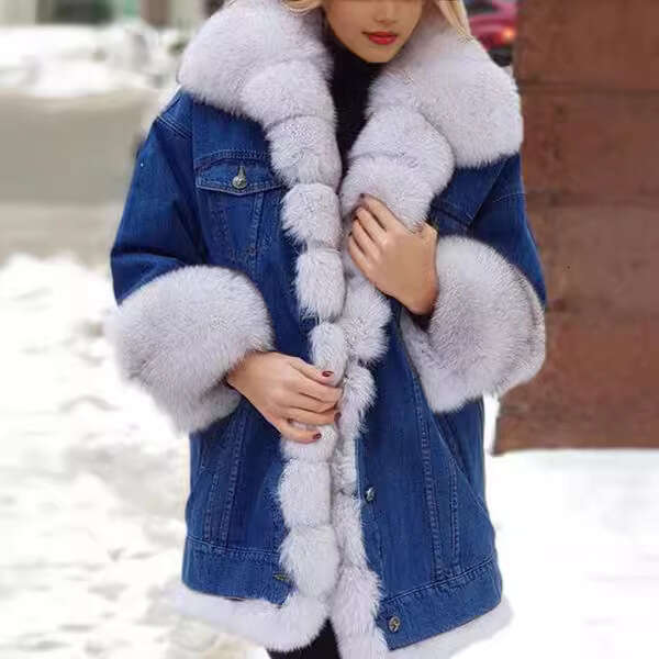 shanshi fur coat women Women's fur integrated denim long sleeved jacket