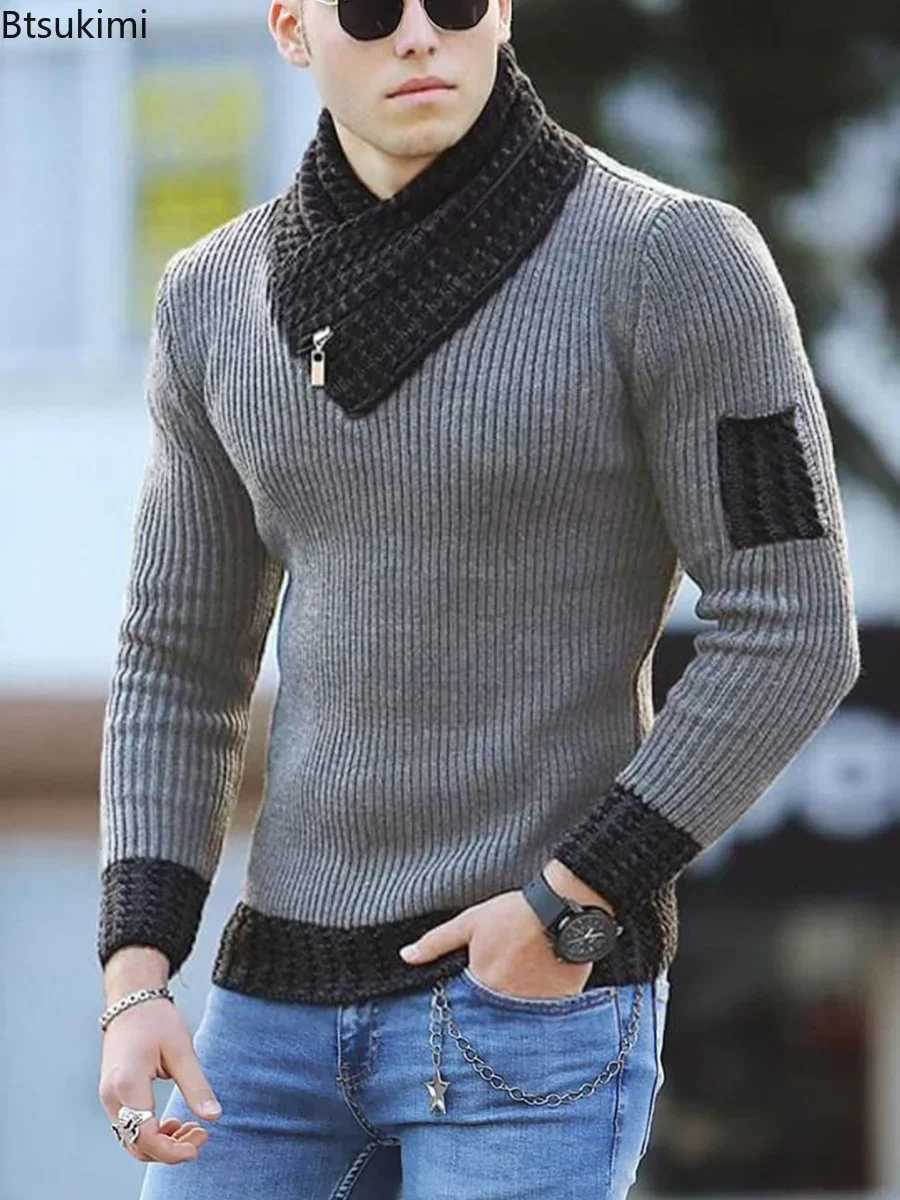 New autumn and winter mens casual retro knitted sweater with wool turtle neck oversized 2024 mens warm cotton pullover sweater W2411111