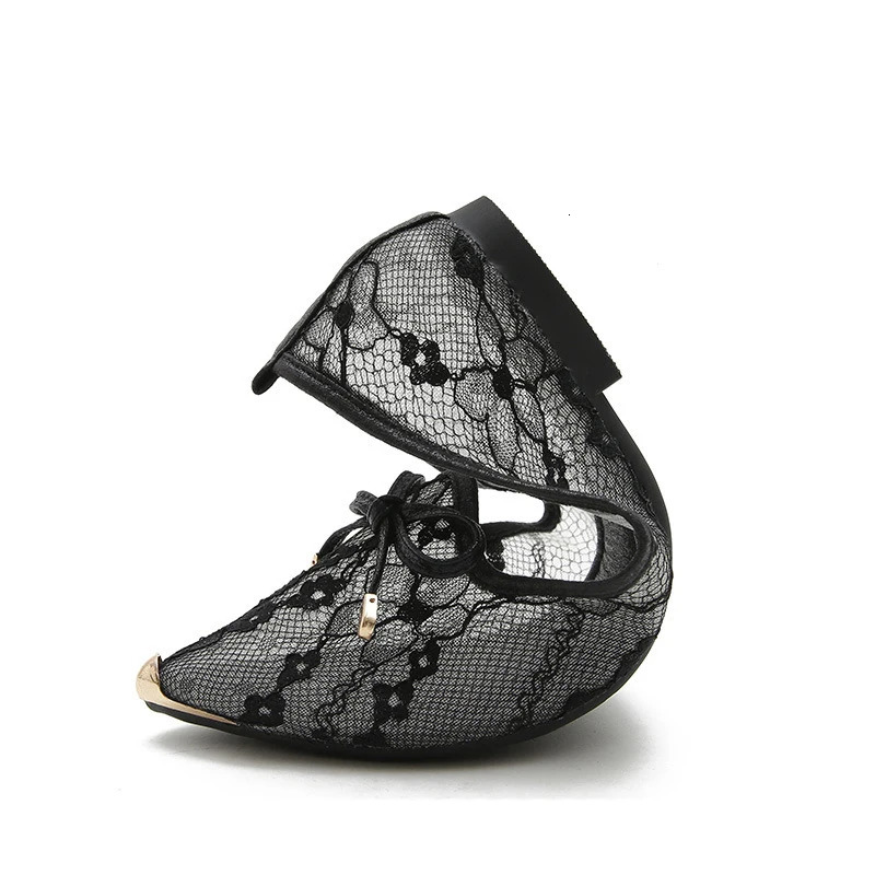 Metal toe lace embryo flat shoes for women breathable summer wool mesh lace ballet flat shoes for women moccassis size 41 241111