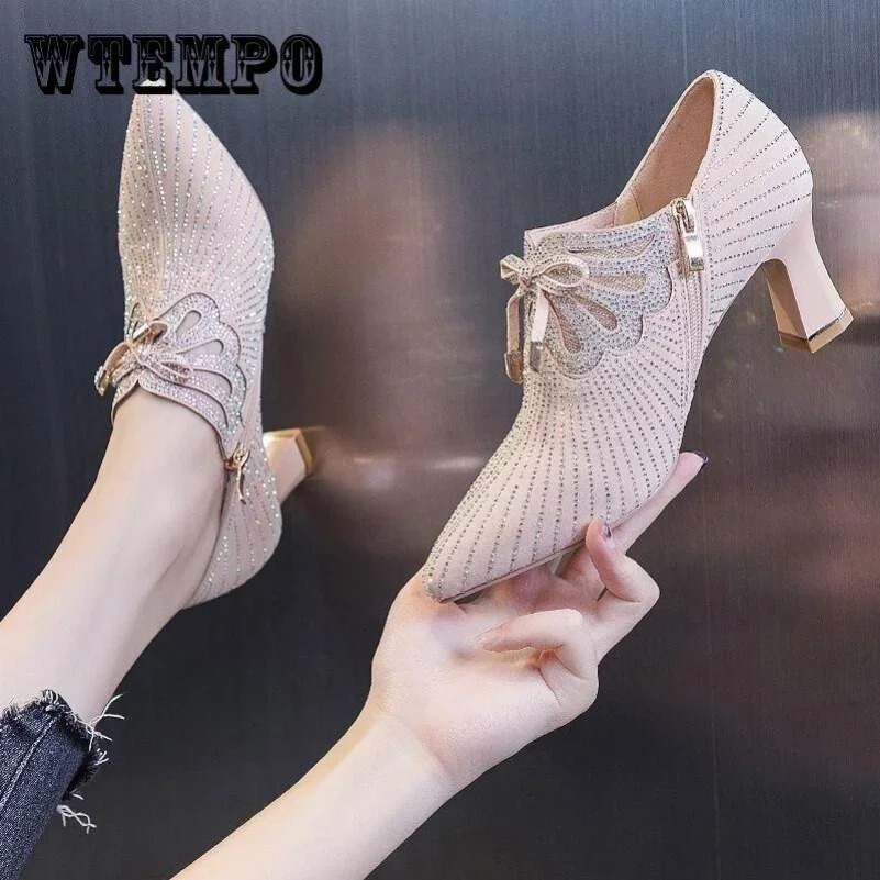 Pointed Toe Heels Womens Colored Diamond Bow Knot Shallow Mouth Side Zipper Thick Foot Decoration Fashion Spring/Summer 241111