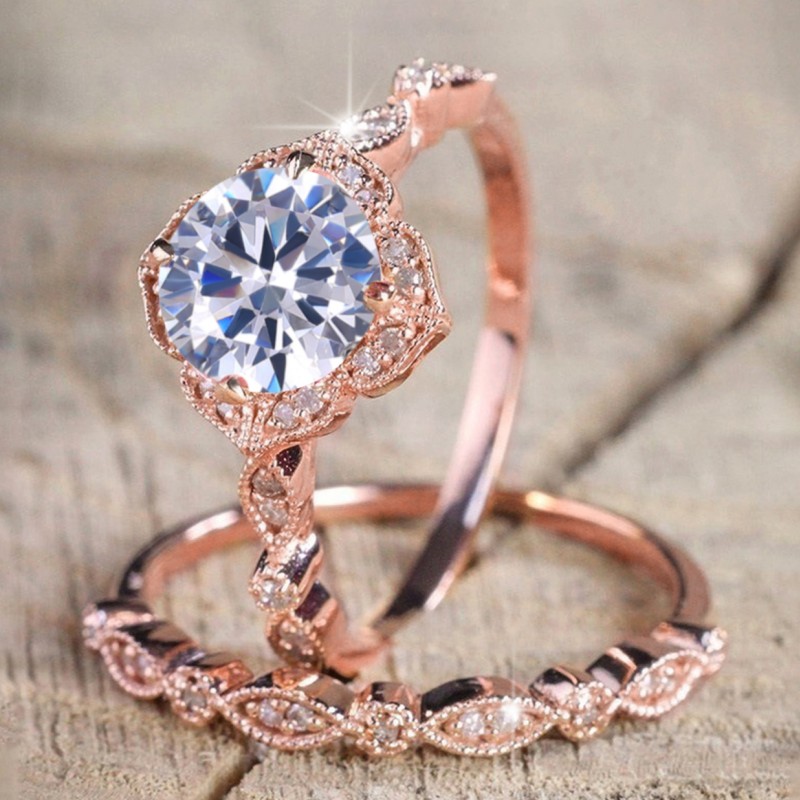 Huitan Rose Gold Color 2Pcs Set Rings for Women Temperament Elegant Lady's Accessories Wedding Anniversary Party Trendy Jewelry 22c1f 5 fc194