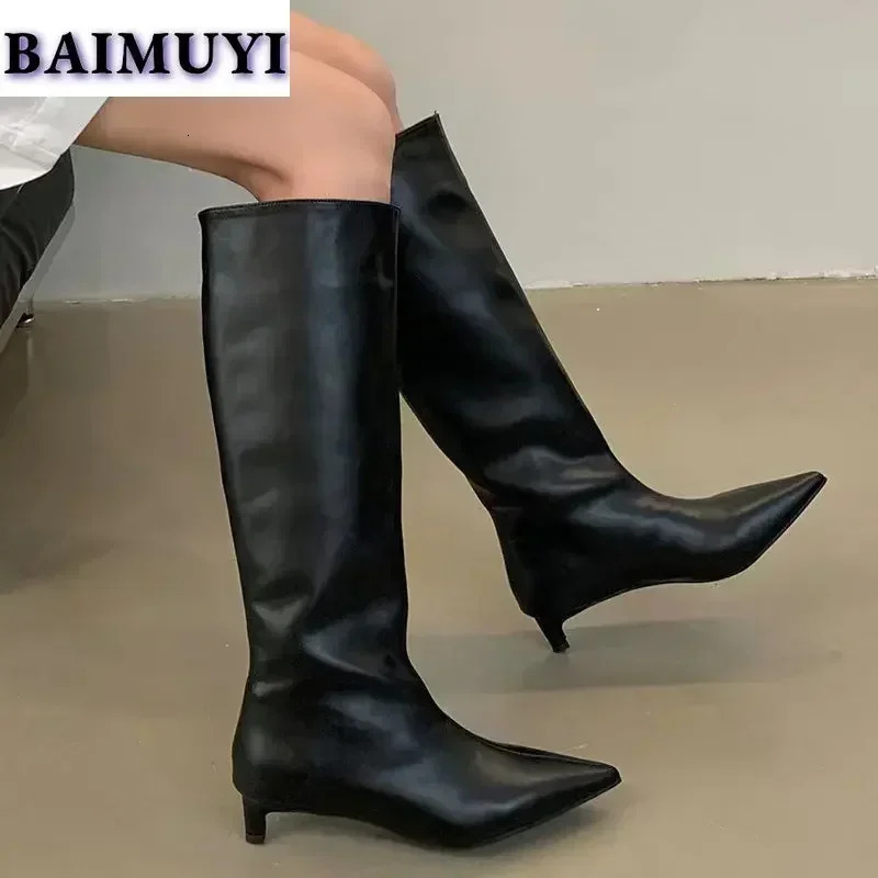Women Chelsea High Boots Pointed Toe Heels Shoes Winter Snow Woman 2024 Trend Soft Leather Goth Party Slip-on Botas Mujer 241112