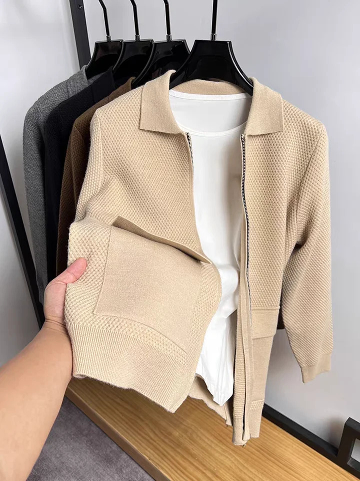 Trendy Mens Knitted Jacket Autumn/Winter Collection Half Zipper Flip Collar Pocket Exquisite Jacquard Casual Coat 241112