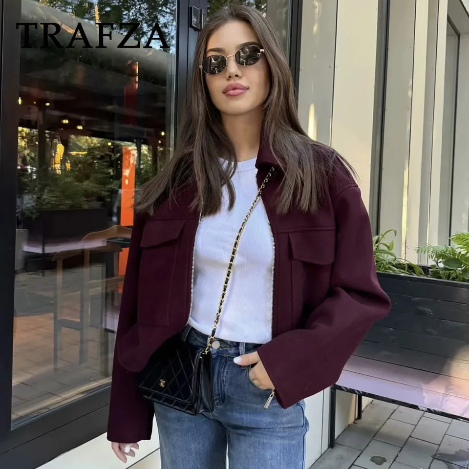 TRAFZA Autumn/Winter Casual Womens Wine Red Jacket Fashion Street Clothing Zipper Pocket Collar Fashion Womens Jacket 241111
