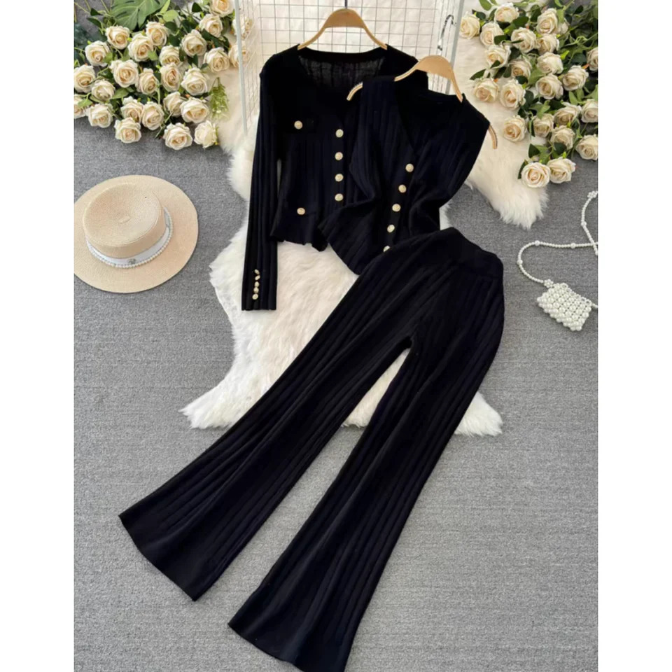 Korean Office Ladys Knit Outfit V-Neck Long Sleeve Slim Single Breast Sweater Cardigan With Vest And Wide Leg Pants 3-Piece Set 241112