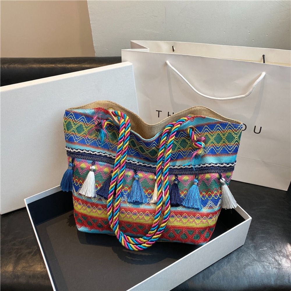 Stripe Ethnic Style Shoulder Bag Tassel Large Capacity Canvas Colorful Handbag Travel Storage Bag Korean Style
