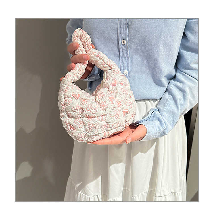Korean Pleated Grid Cloud Bag Trendy Cotton Handbag Small Fresh Mini Shoulder bags Small Tote Bag Handbags 241112