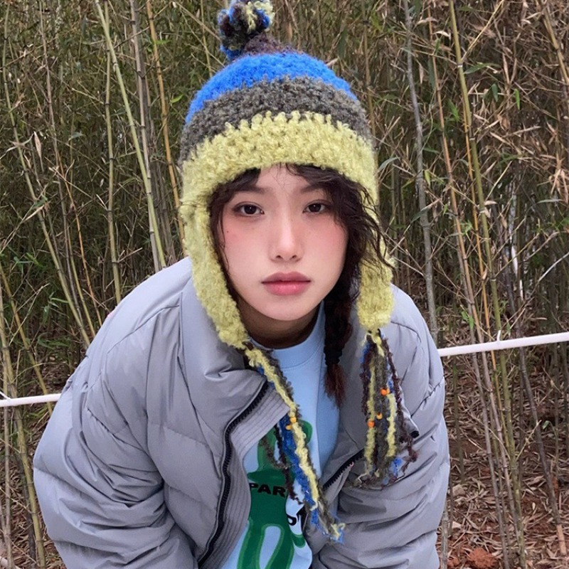Y2K Autumn Winter Crochet Hats for Women Ears Warm Blue Green Beanies Female Preppy Windproof Cap Earflap Bomber Hat Gorra 002e8