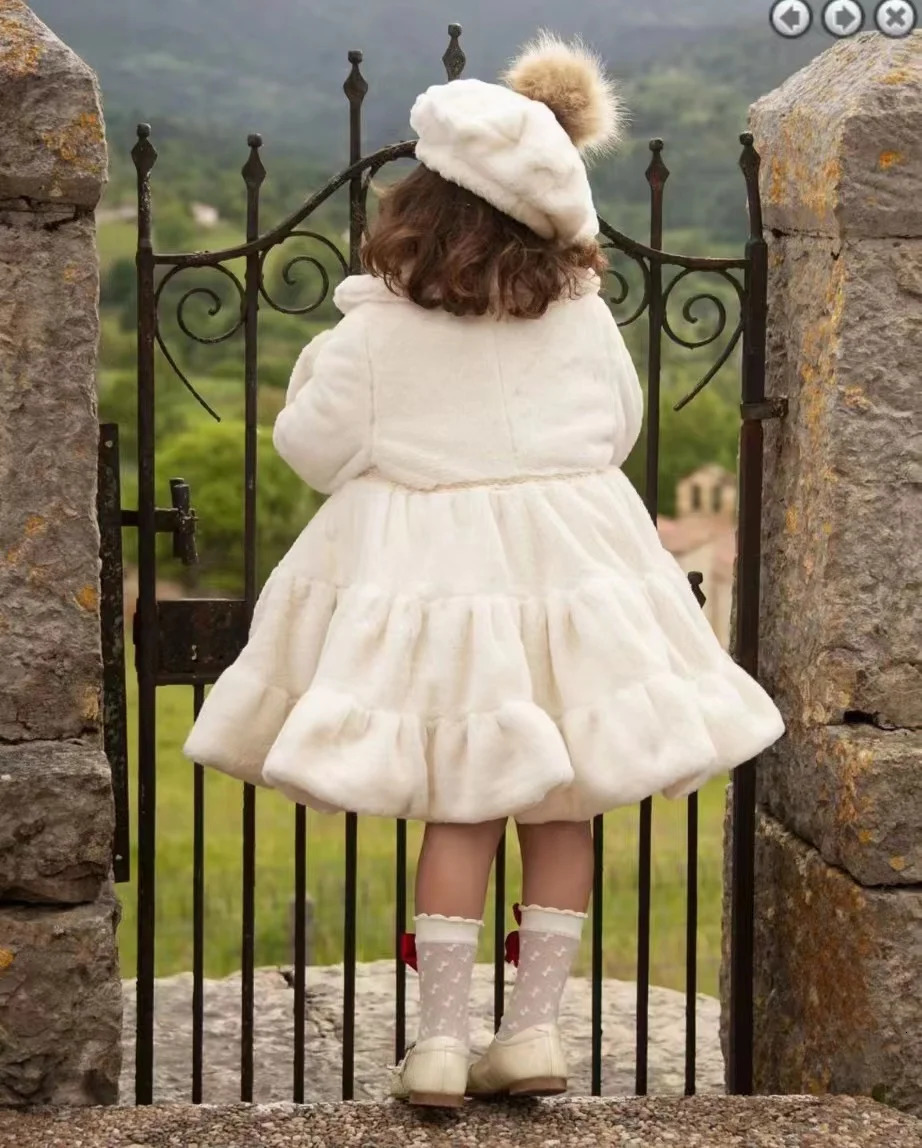 1-12Y Baby Girl Autumn Winter Pink White Fur England Spanish Red Velvet Princess Wool Coat for Casual Eied 241028