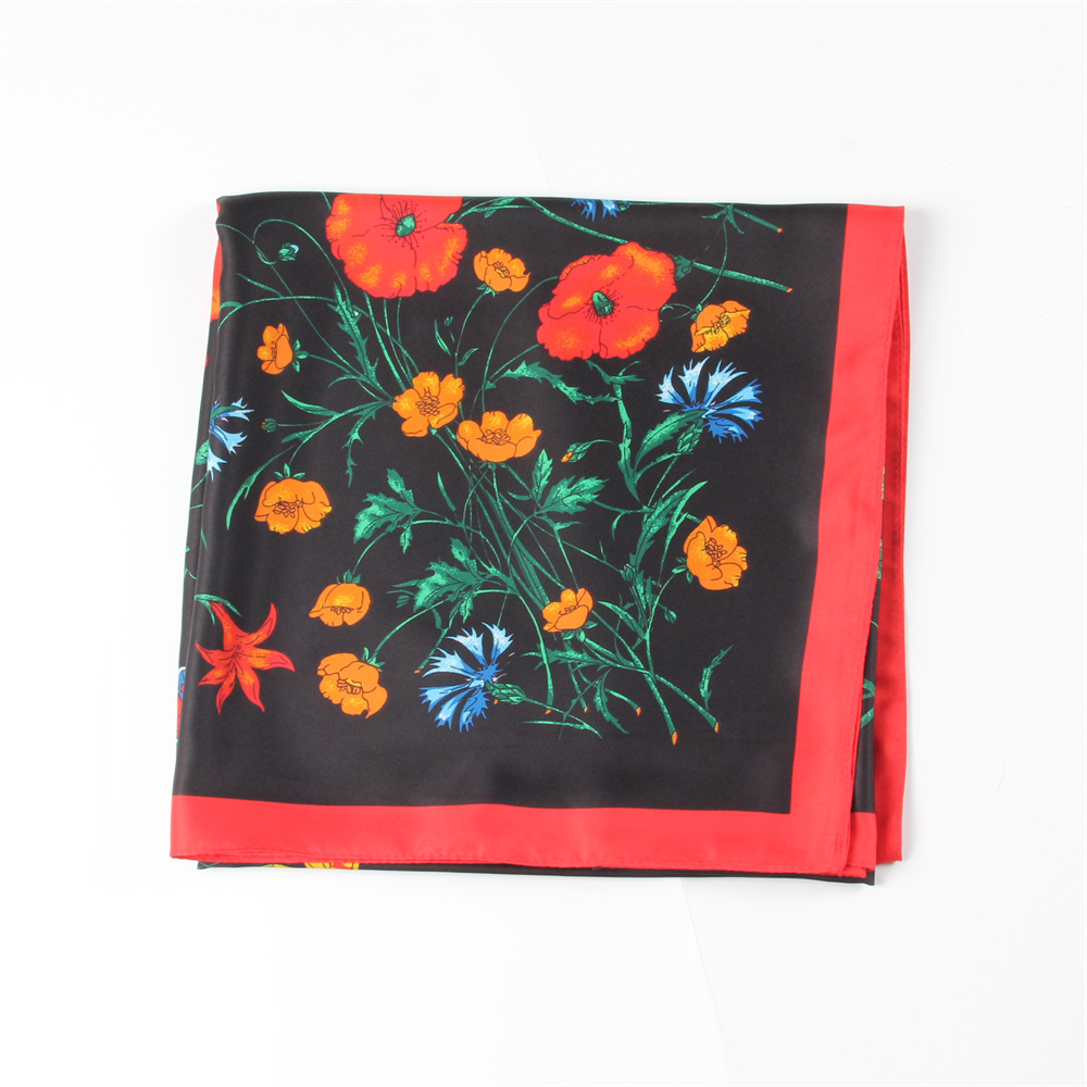 POBING Silk Scarf Women Large Shawls Flowers Print Stoles Square Bandana Kerchief Hijab Scarf Female Foulards 130CM f9955