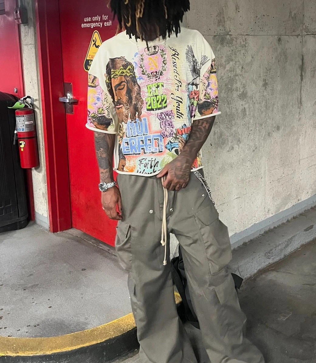 Street Clothing Y2k Hip Hop Retro Graffiti Pattern Printed Oversized Mid Sleeve Mens Round Neck Cotton Shirt 241112