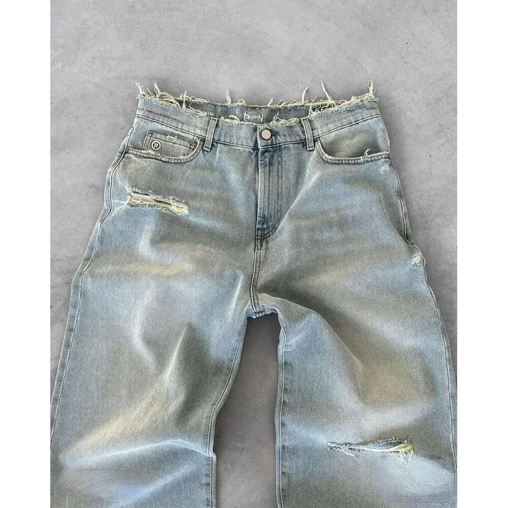 Washed Ripped Jeans Men's American Retro High Street Couple Bag Embroidery Quality