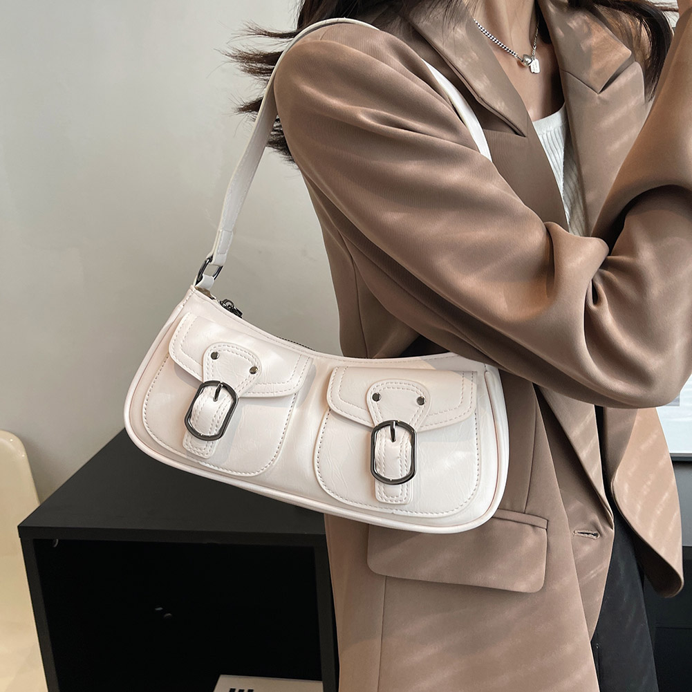 Vintage Korean Casual Double Pockets Shoulder Underarm Tote Bag Ladies Sling Bags Leather Zip Street Wear Purses Handbags Women