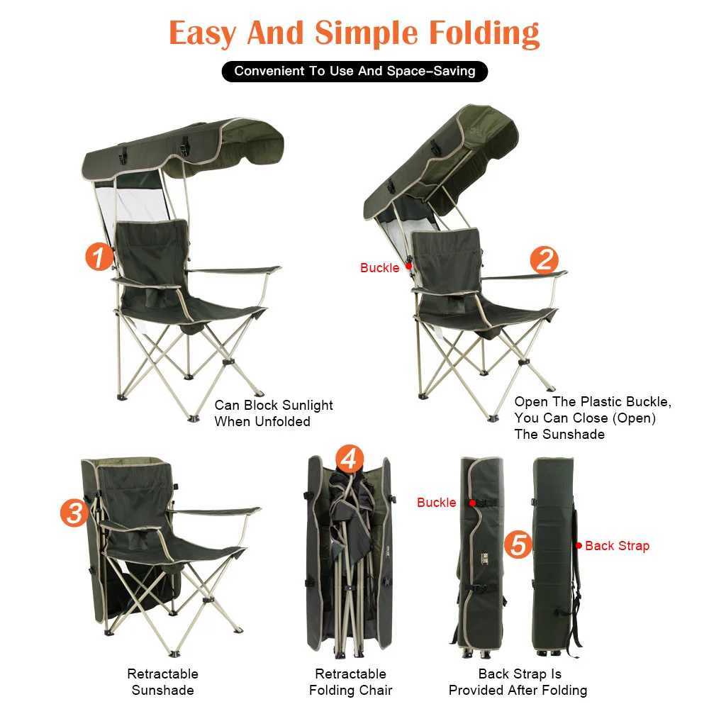 Portable folding chair with covered sunshade beach chair camping chair lawn chair outdoor activity anti slip foot padW241111