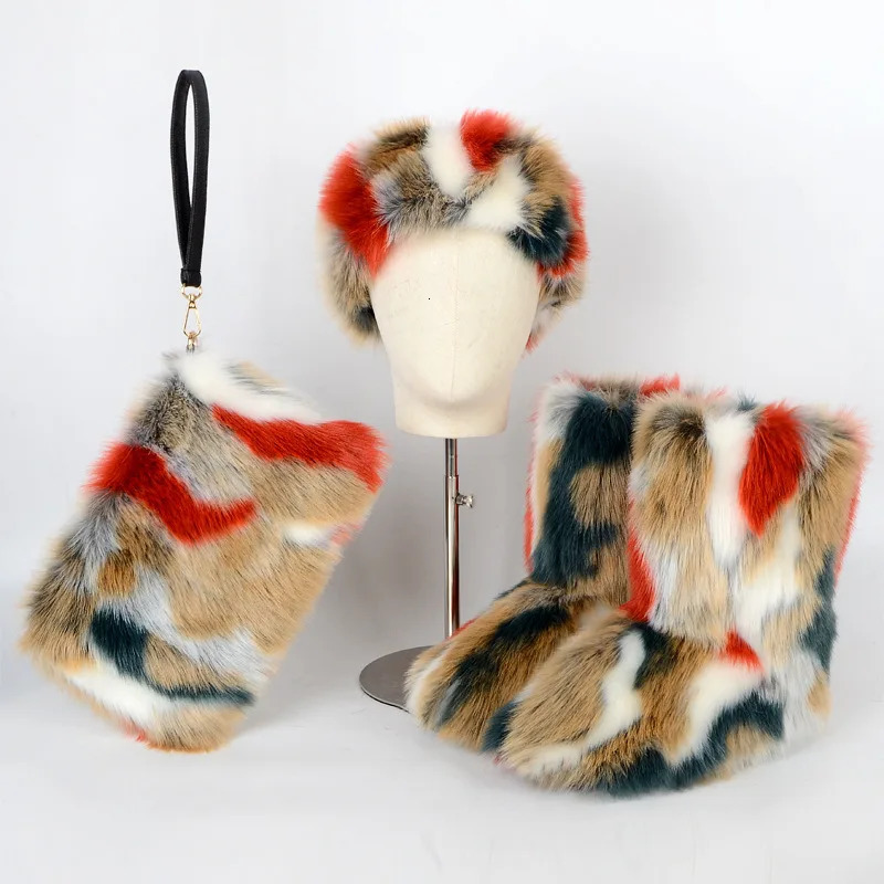 Women Winter High-end Fur Snow Boots Non-slip Womens Shoes Fashion Color Warm Plus Velvet Cotton Boots Warm Headband Handbag 241112