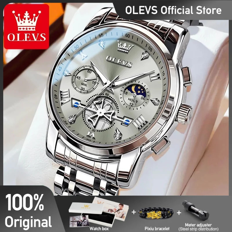 OLEVS mens classic multifunctional Fltwheel chronograph original quartz watch moon phase 24-hour waterproof reloj 241112
