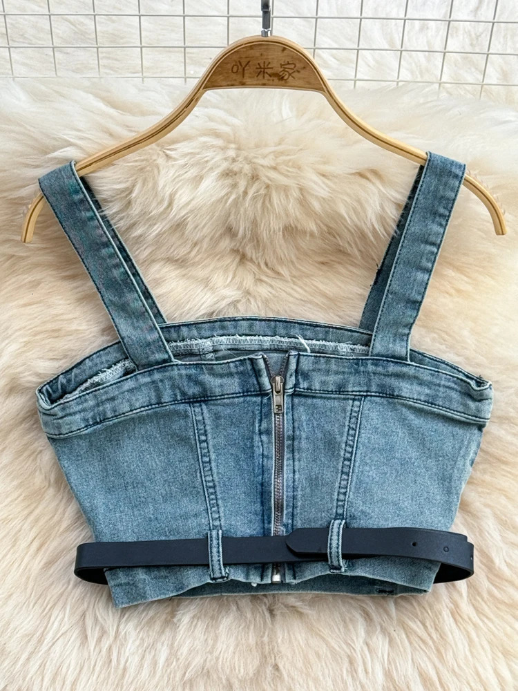 Women Denim Skirts Suit Sleeveless Strapless Sashes Vest Tops Highwaisted Slimming Split ALine Skirt Summer Jeans Set 240412