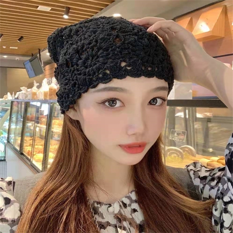 Slouchy Beanie Handmade Crochet Soft Knit Hat Cutout Floral Skull Cap for Girls Dropship