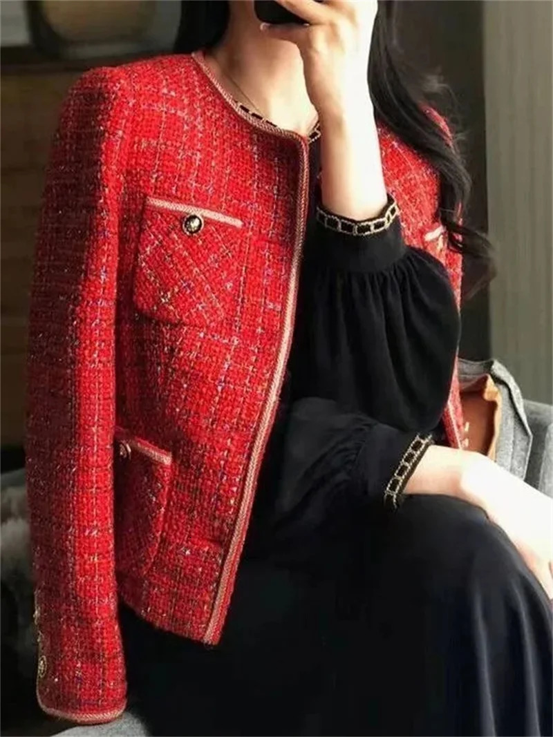 Vintage Red Tweed Coat Womens Autumn/Winter French Vintage Loose and Versatile Show Thin Temperament Woolen Jacket Fem 241112
