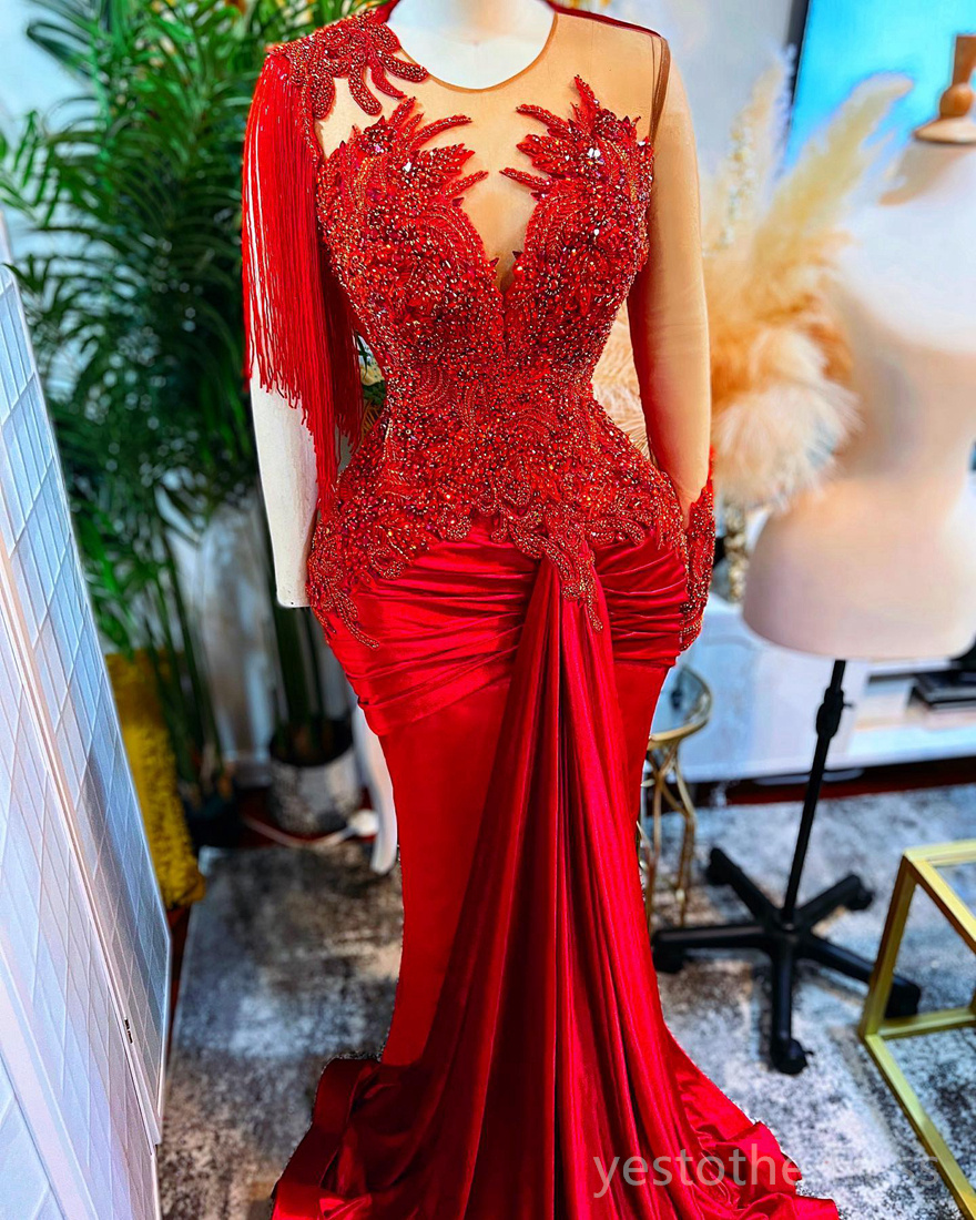 2024 Plus Size Red Prom For Black Women Promdress One Shoulder Long Sleeves Illusion Mermaid Tassel Appliqued Beaded Lace Birthday Party Gowns Dresses