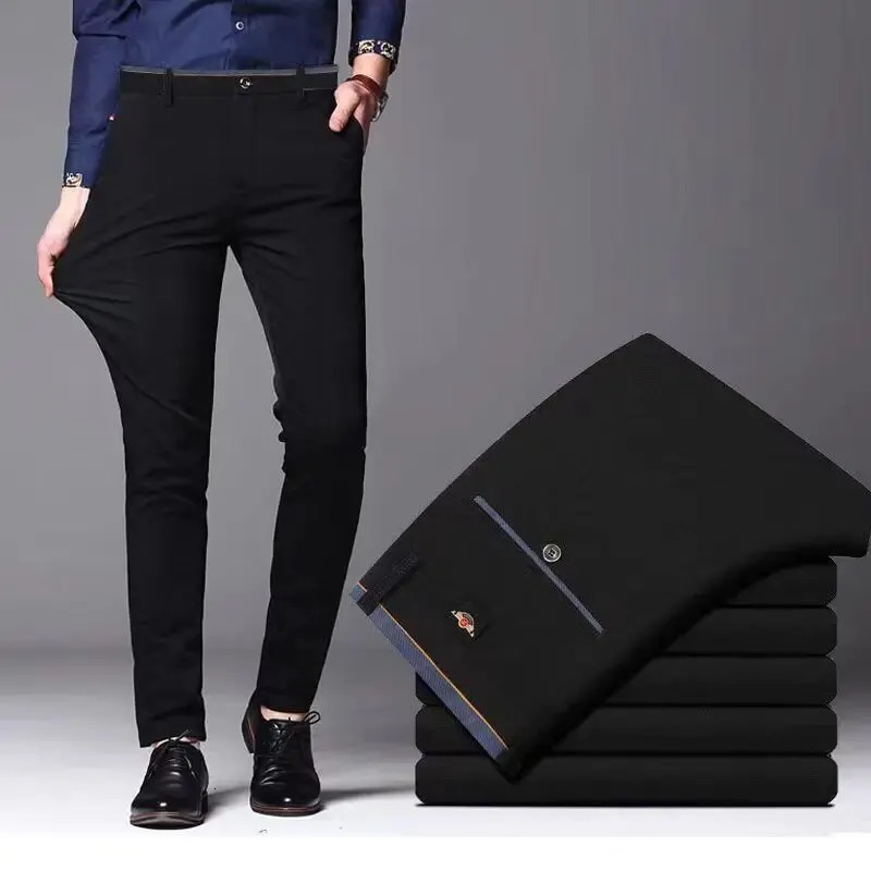 Mens Elastic Straight Pants Business Casual Long Suit Male Formal Trousers Solid Colors Black BLue Plus Size 38 40 241111