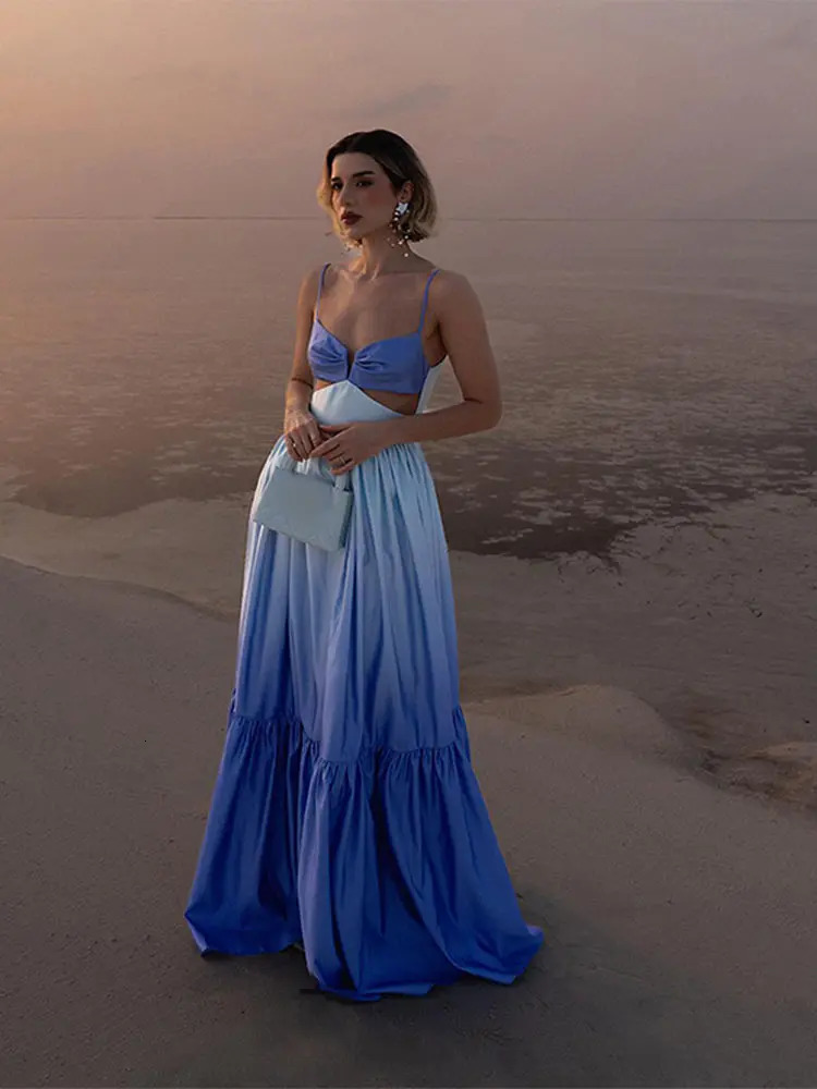 Elegant Hollowed Pleated Gradient Dres Sexy Sleeveless Backless Patchwork Skirt Hem Vestidos Spring Banquet Evening Robes 240402