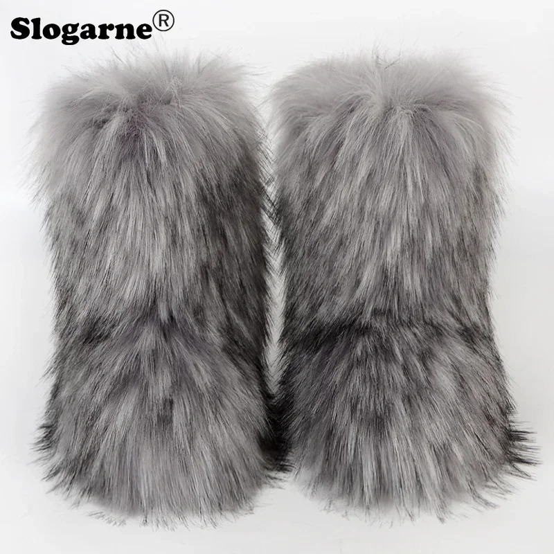 Womens Winter Fluffy Faux Fox Fur Boots Woman Plush Warm Snow Boots Footwear Girls Furry Fur Bottes Fashion Winter Shoe 241112