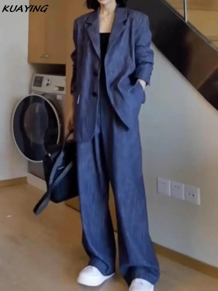 Autumn Women Denim Blazer Pantsuit Korean Fashion Vintage Wide Leg Pants 2 Piece Set Female Business Casual Trousers Outfits 241112