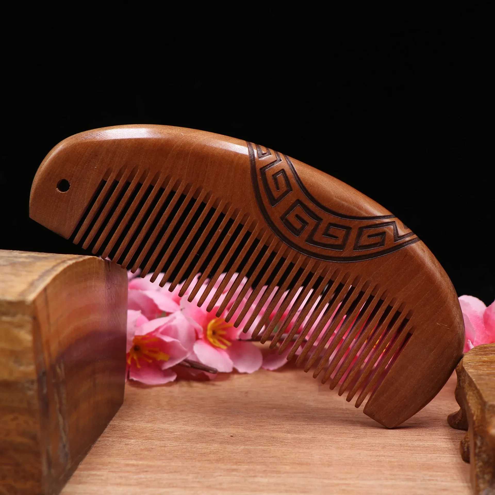 Thick and exquisite antique peach wood comb carved with electrostatic hair and wooden hair comb W241112