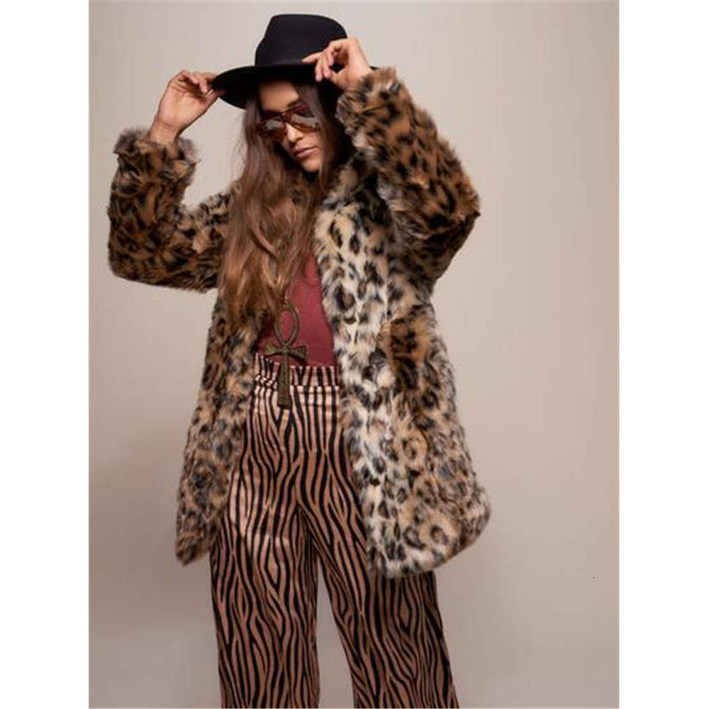 shanshi fur coat women Popular faux fur plush leopard print casual loose mid length jacket