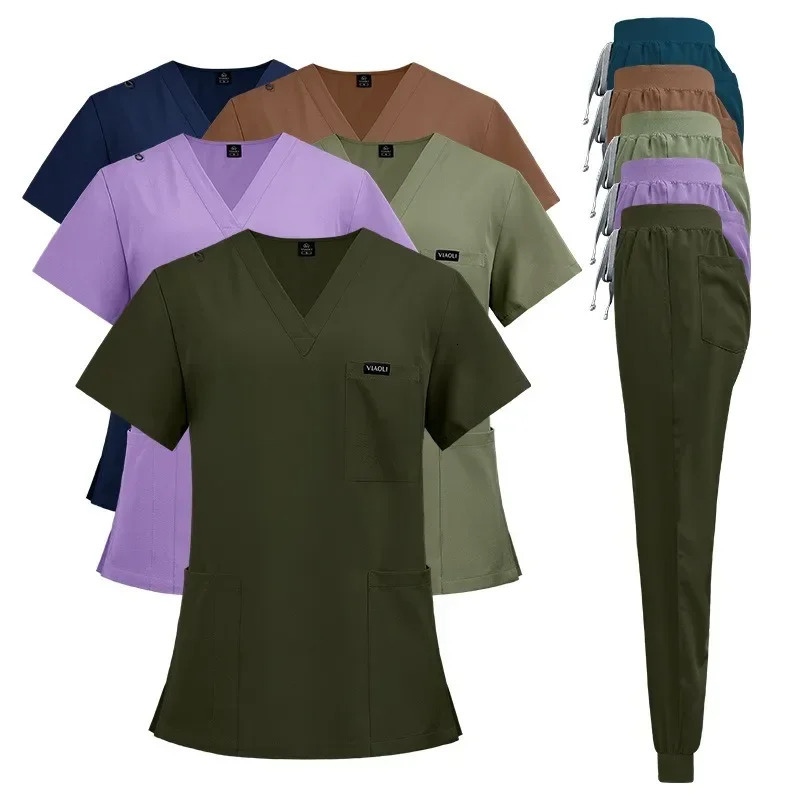 Scrubs Uniform Suit Short Sleeve V-neck Topsjogger Pants Set Nursing Uniform Women Multicolor Pet Doctor Scrub Workwear 241112